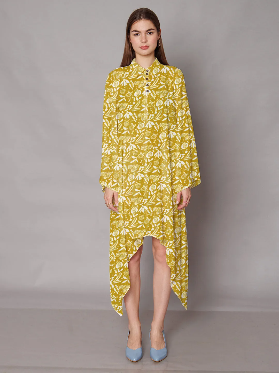 Ochre Yellow Floral Printed High-Low Midi Dress