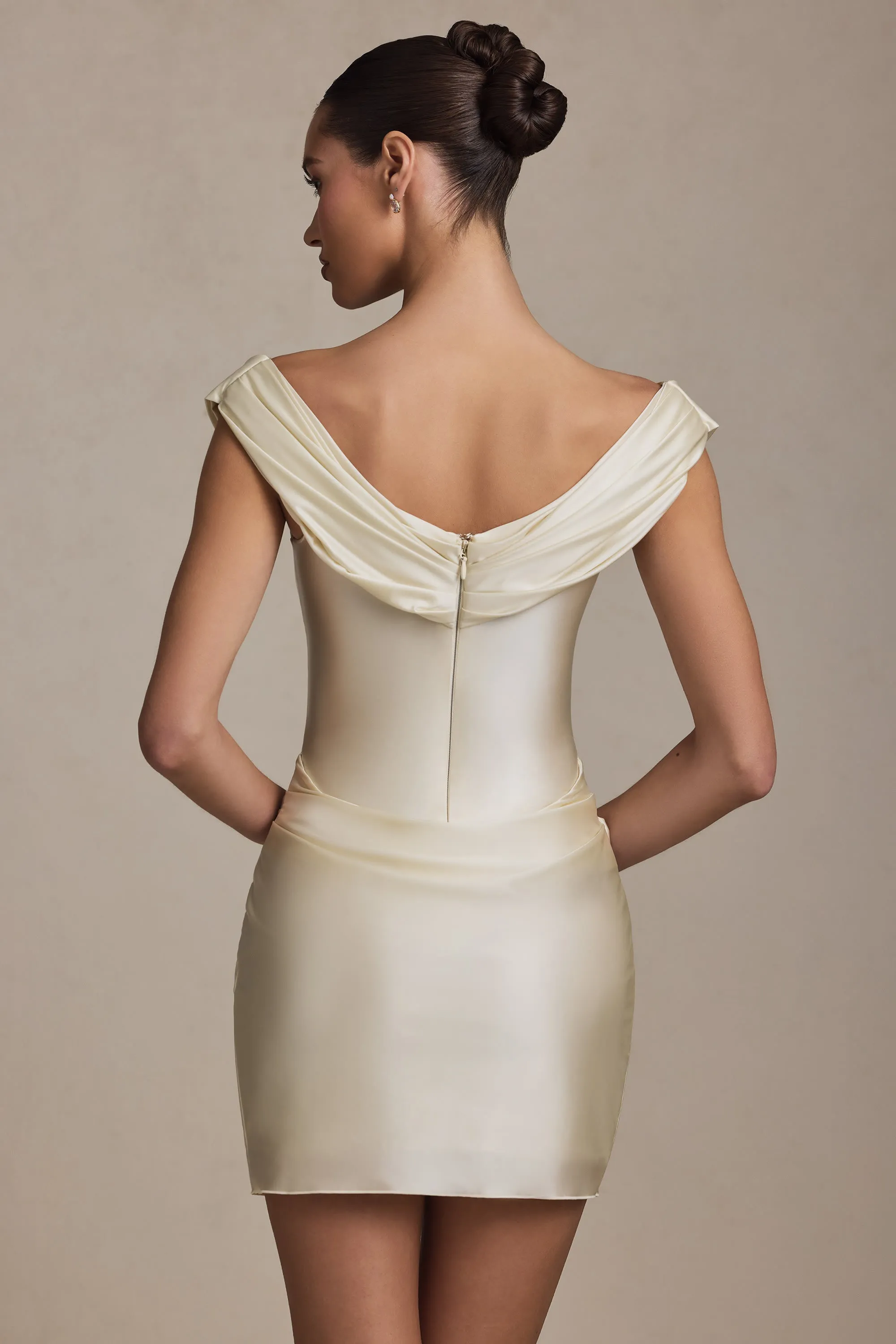 Off-Shoulder Draped Mini Dress in Ivory