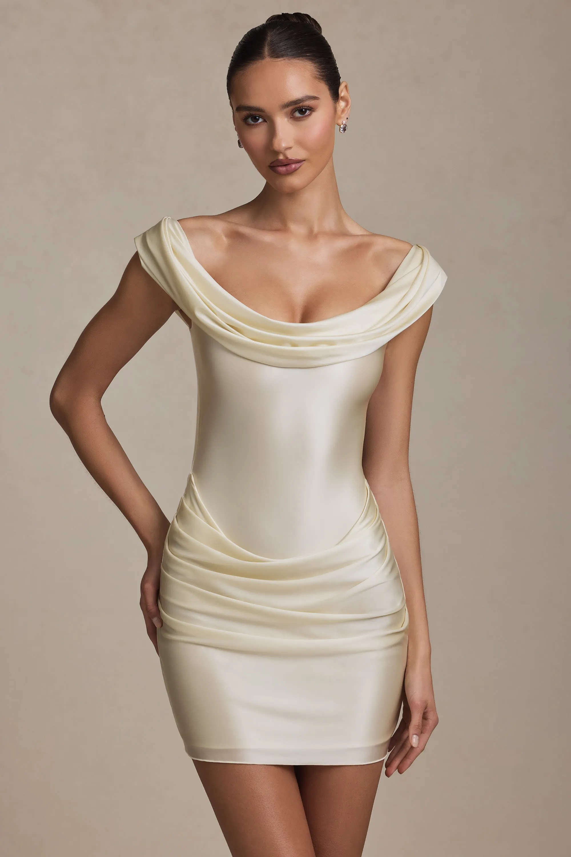 Off-Shoulder Draped Mini Dress in Ivory