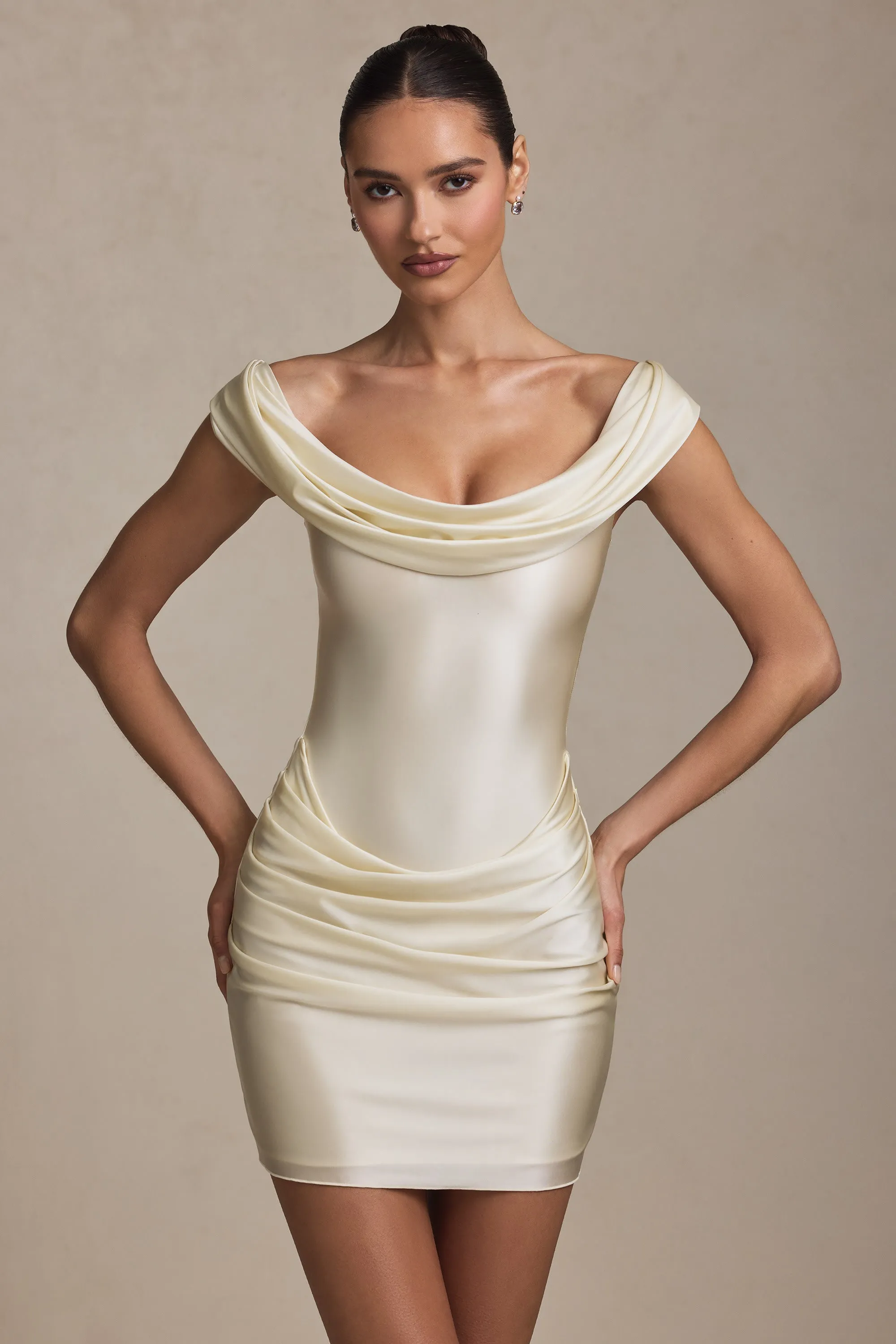 Off-Shoulder Draped Mini Dress in Ivory