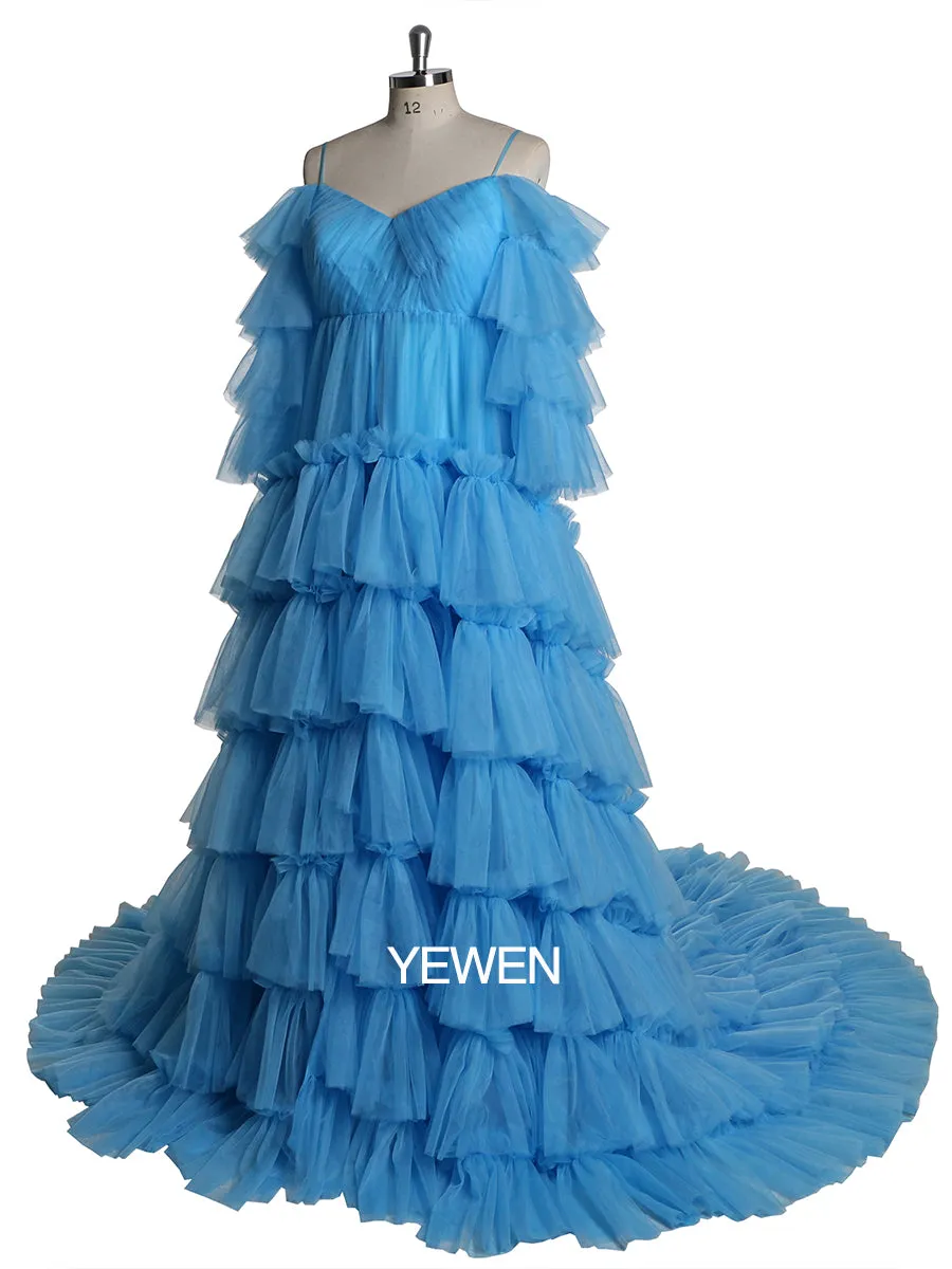 Off Shoulder Ruffles Tulle Materning Dress for Photo Shoot /Wedding and Baby Shower