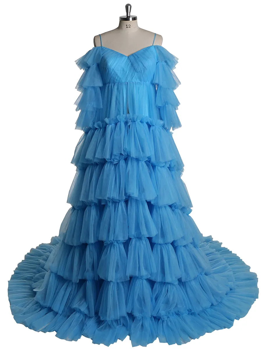 Off Shoulder Ruffles Tulle Materning Dress for Photo Shoot /Wedding and Baby Shower