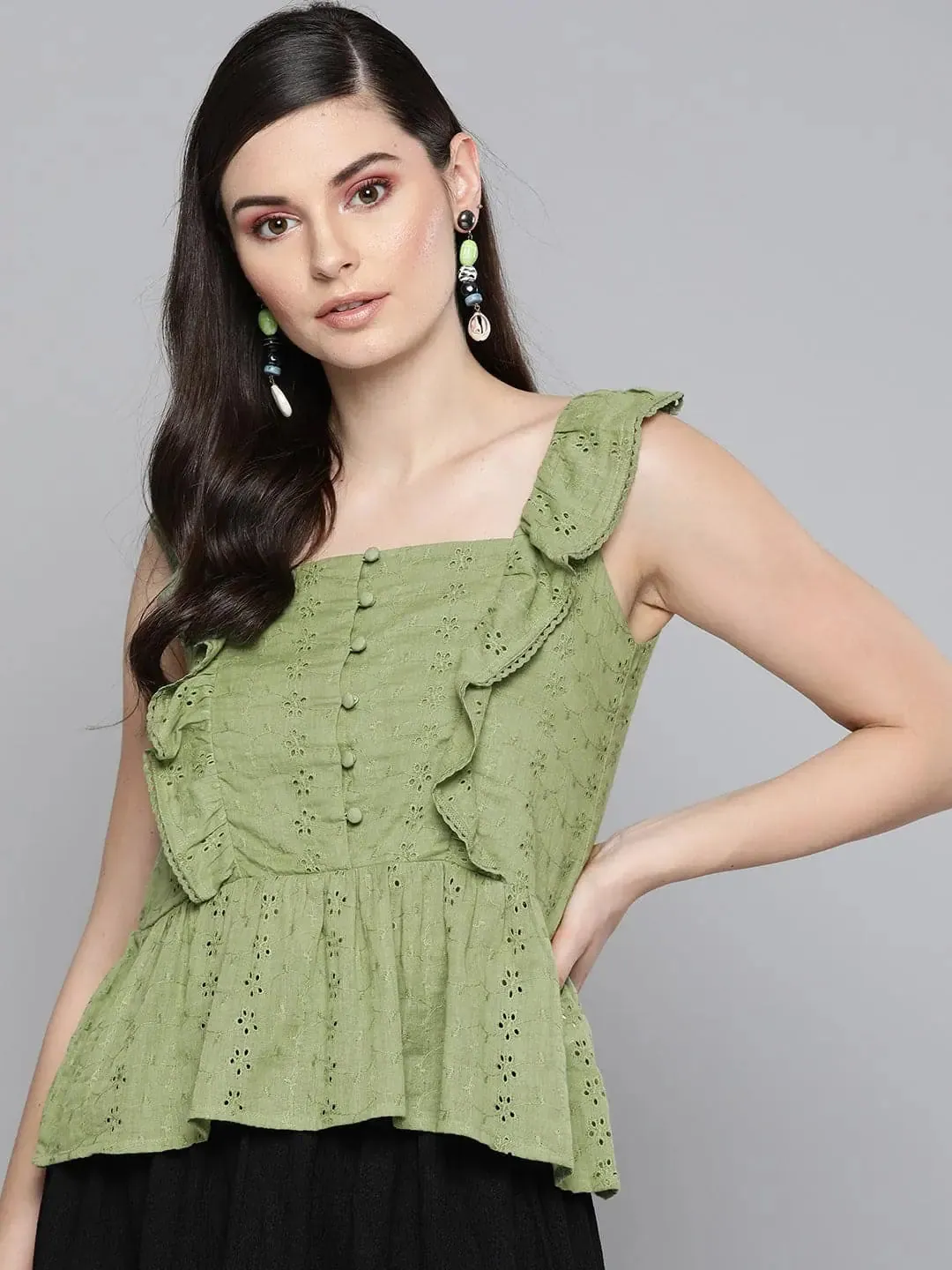 Olive Schiffli Button Peplum Top