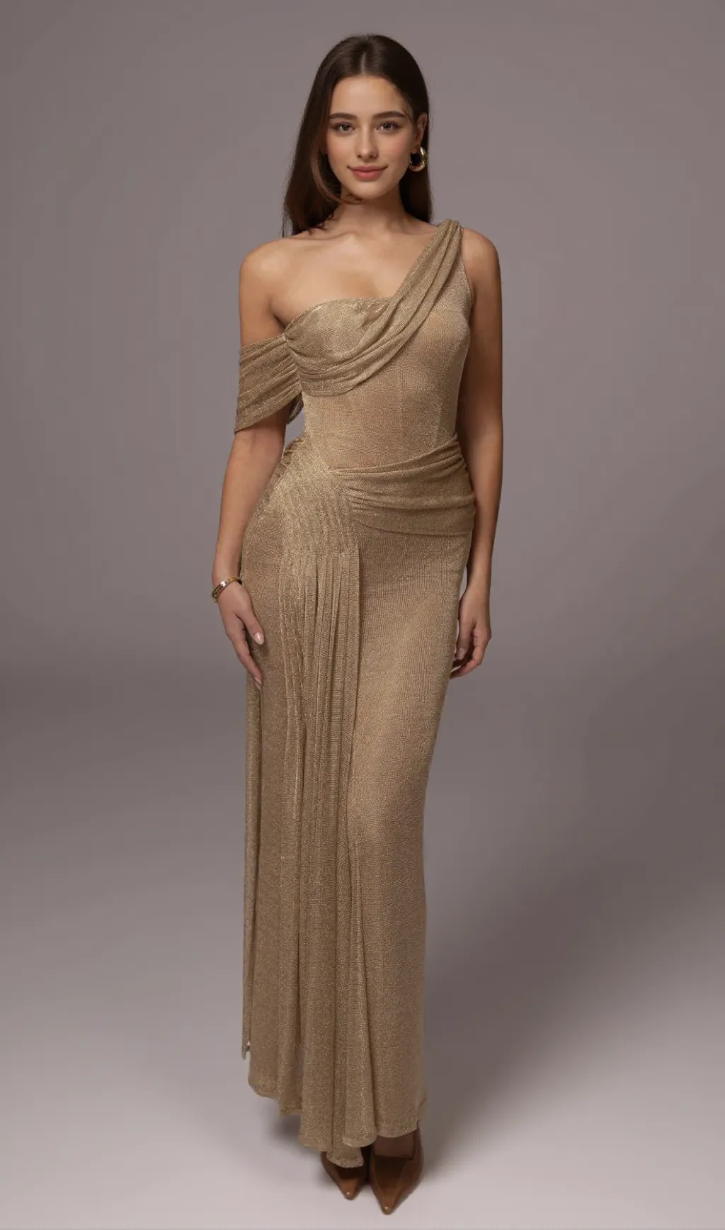 One Shoulder Draped Metallic Gown