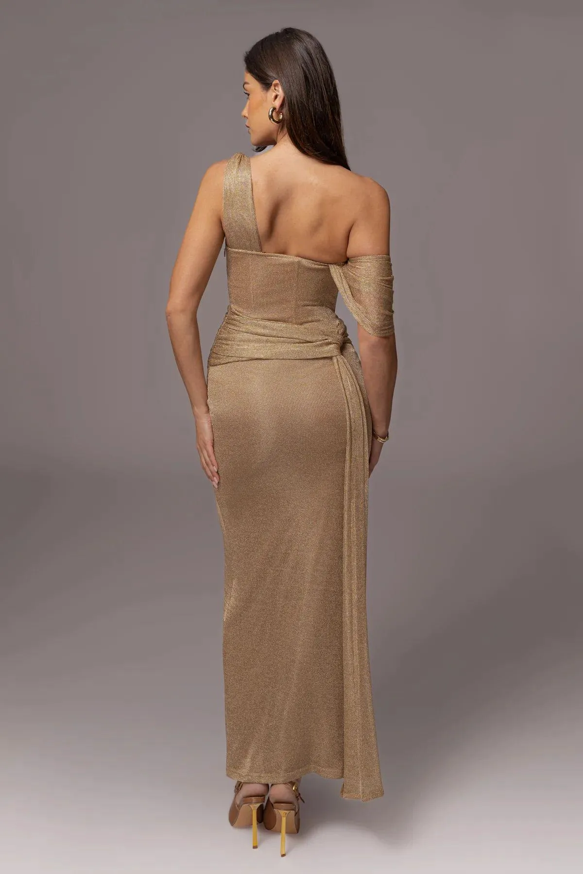 One Shoulder Draped Metallic Gown
