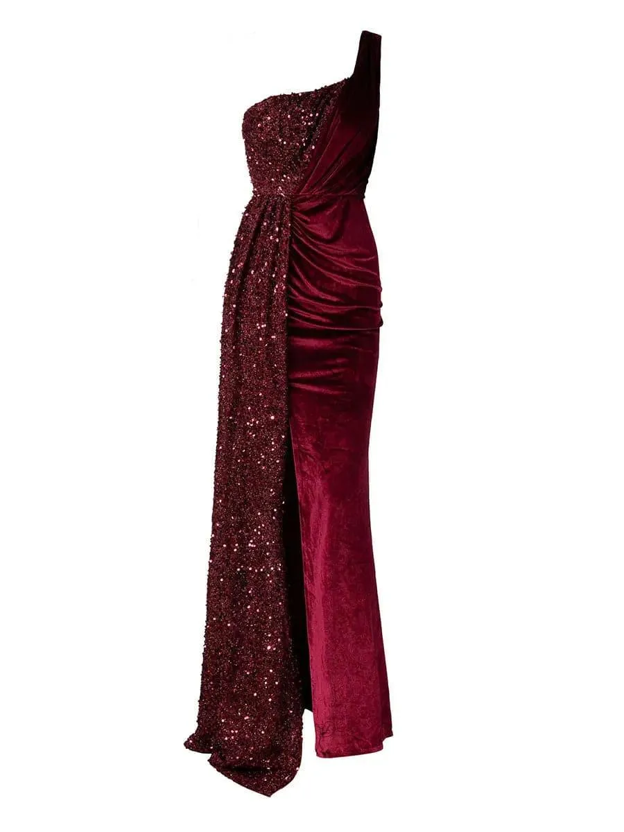 One Shoulder Velvet Split Thigh Prom Dress XH2356