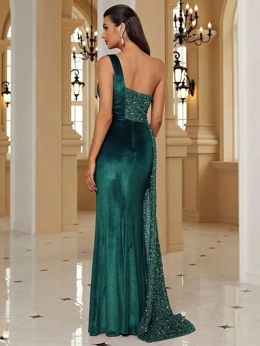 One Shoulder Velvet Split Thigh Prom Dress XH2356