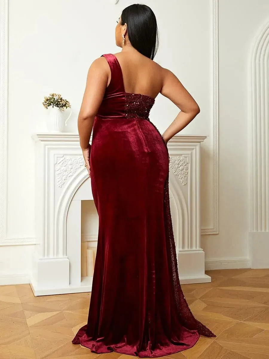 One Shoulder Velvet Split Thigh Prom Dress XH2356
