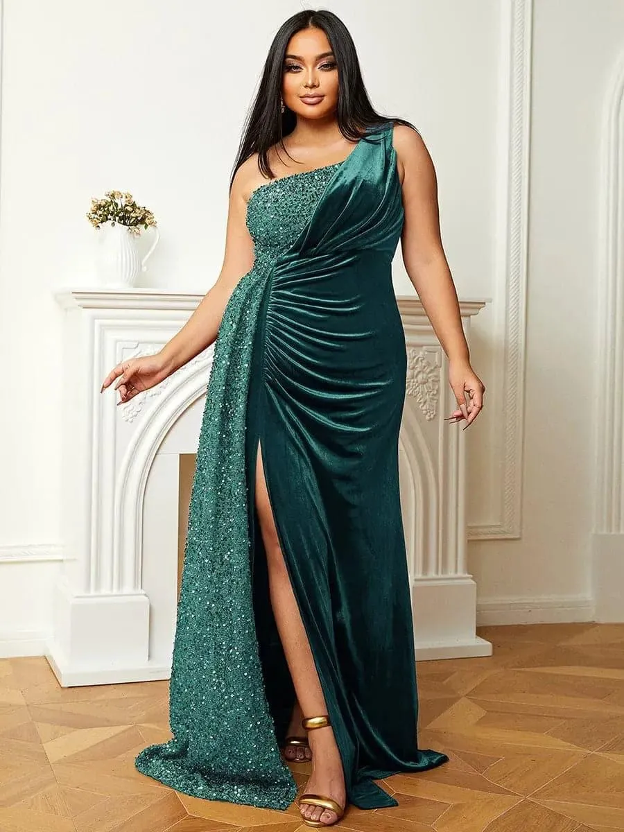 One Shoulder Velvet Split Thigh Prom Dress XH2356