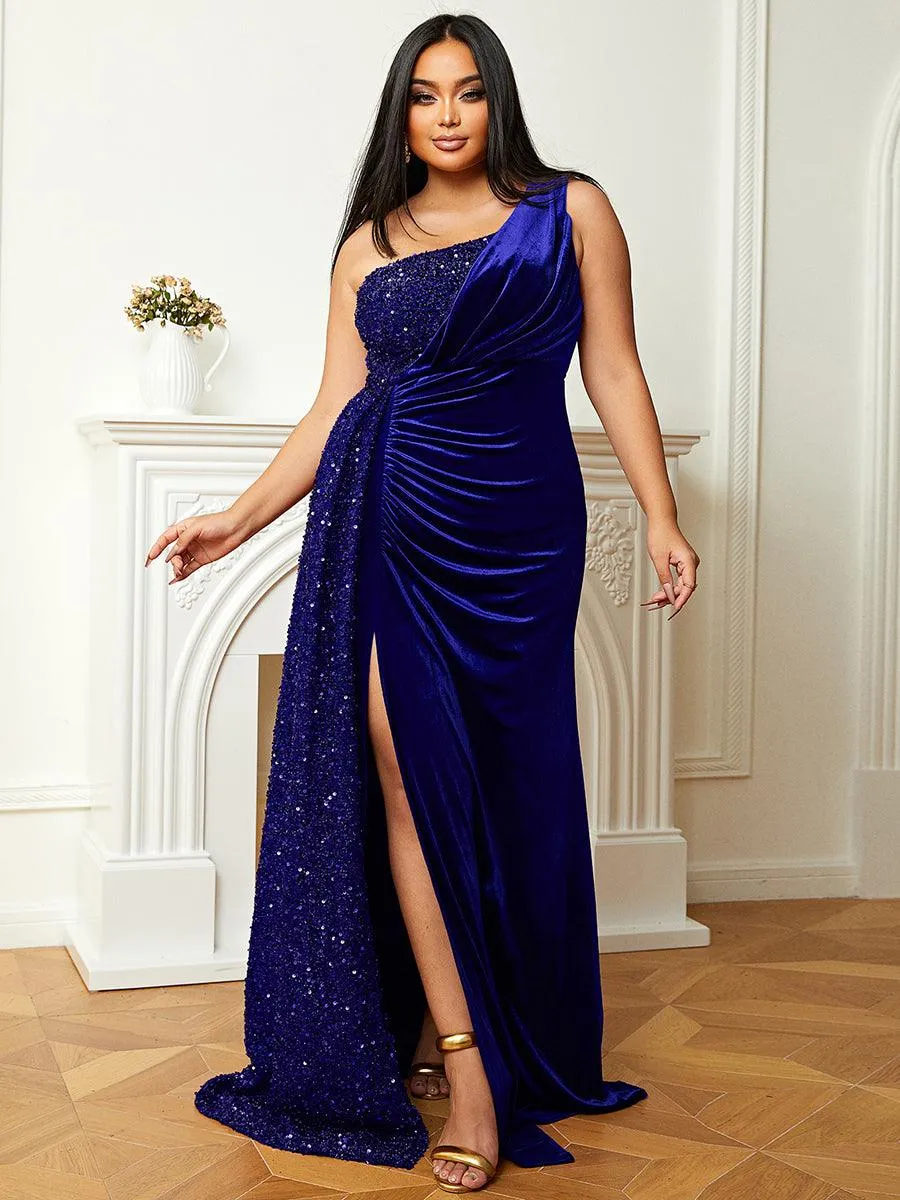 One Shoulder Velvet Split Thigh Prom Dress XH2356