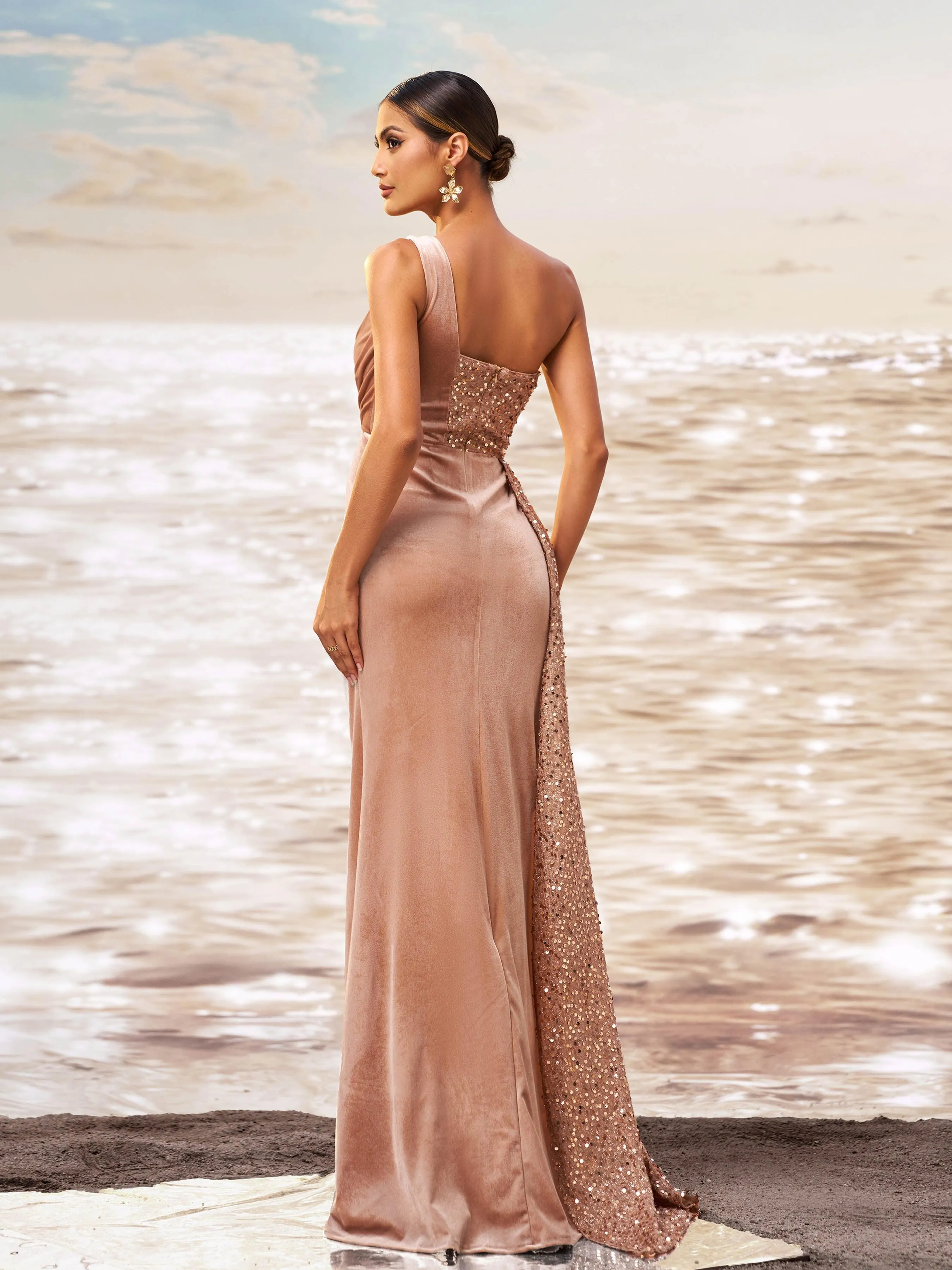 One Shoulder Velvet Split Thigh Prom Dress XH2356
