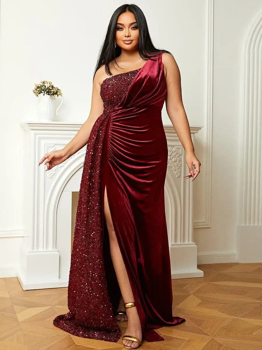 One Shoulder Velvet Split Thigh Prom Dress XH2356