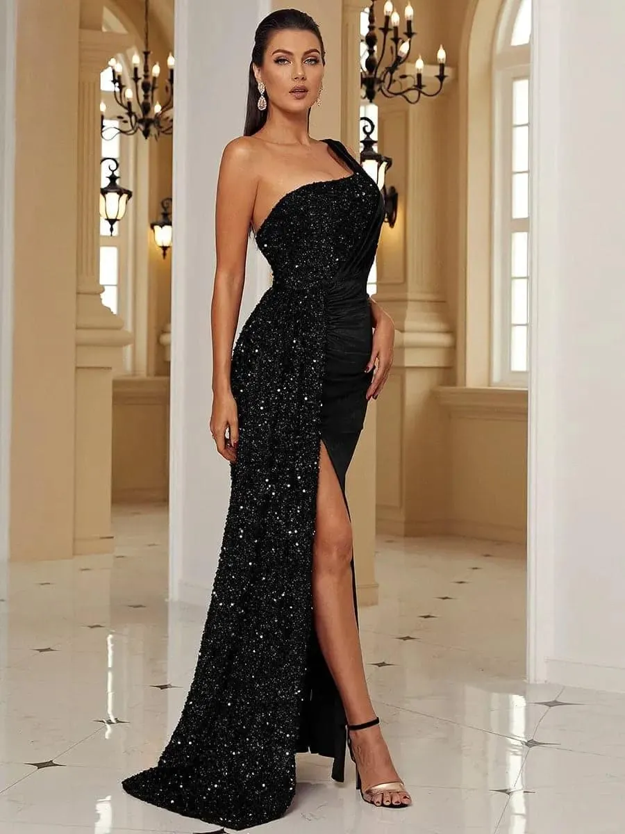 One Shoulder Velvet Split Thigh Prom Dress XH2356