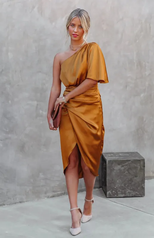 One-Sleeve Midi Dress with Pleated Waist and Irregular Draped Skirt