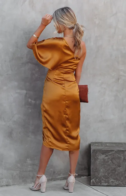 One-Sleeve Midi Dress with Pleated Waist and Irregular Draped Skirt
