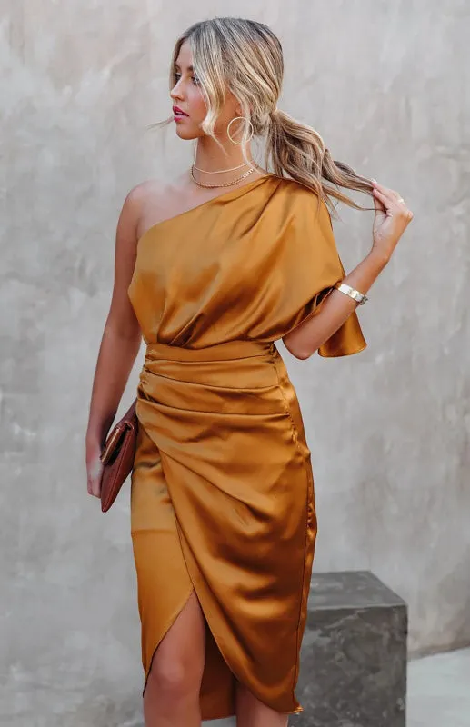 One-Sleeve Midi Dress with Pleated Waist and Irregular Draped Skirt