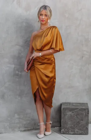 One-Sleeve Midi Dress with Pleated Waist and Irregular Draped Skirt