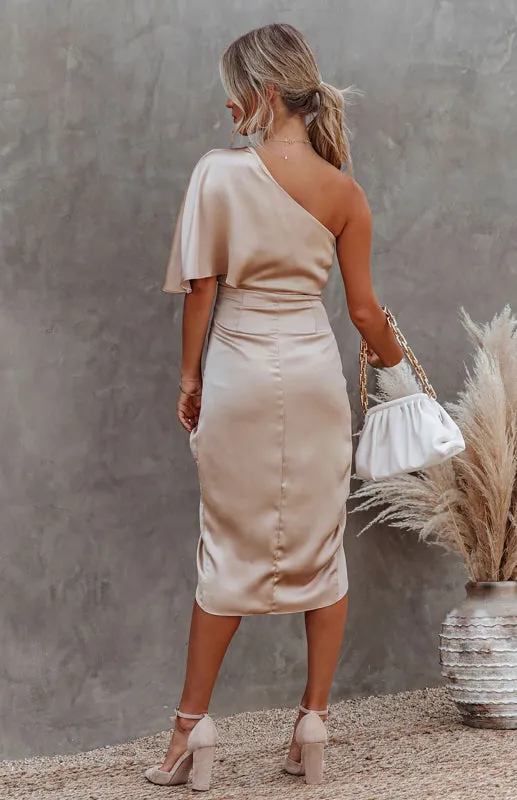 One-Sleeve Midi Dress with Pleated Waist and Irregular Draped Skirt