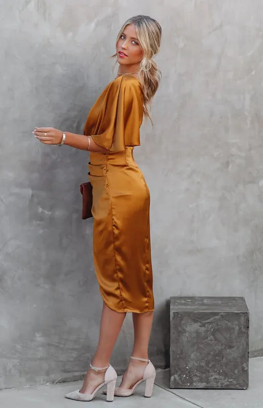 One-Sleeve Midi Dress with Pleated Waist and Irregular Draped Skirt