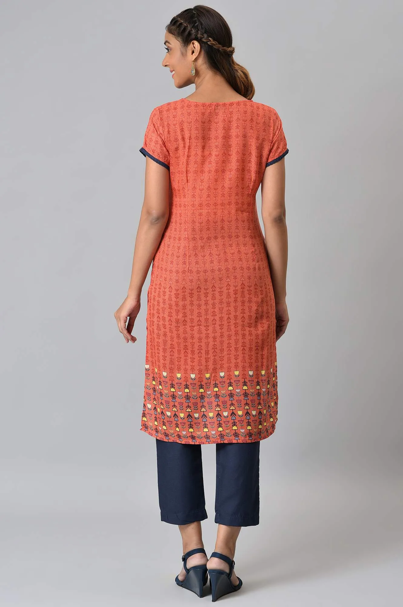 Orange Floral Printed High-Low kurta With Blue Trousers