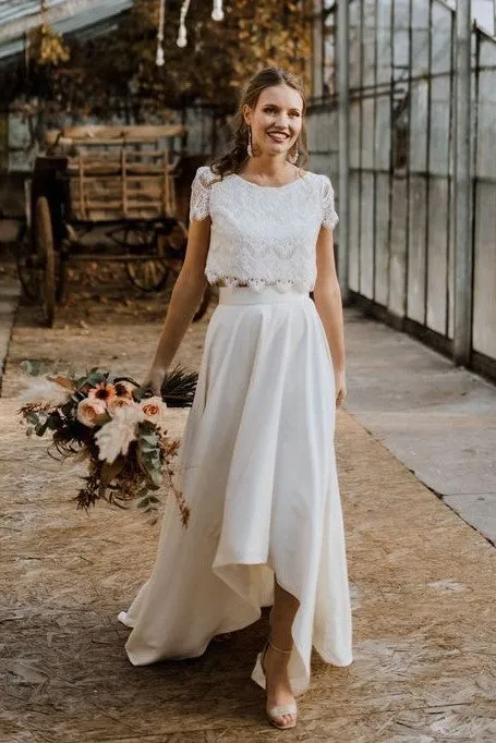 Outdoor High-low Wedding Gown Lace Separates with Short Sleeves