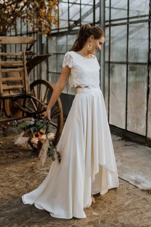 Outdoor High-low Wedding Gown Lace Separates with Short Sleeves
