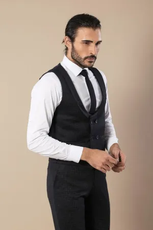 Patterned Double Breasted Navy Blue Men Trousers Vest Set - Wessi
