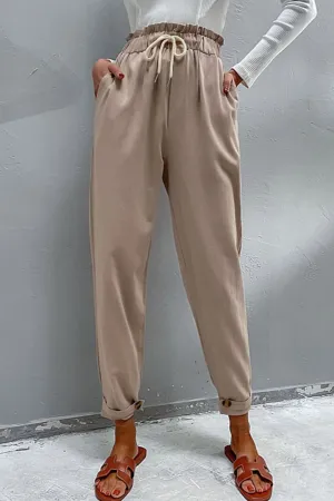 Perfee Drawstring Paperbag Waist Button Detail Pants