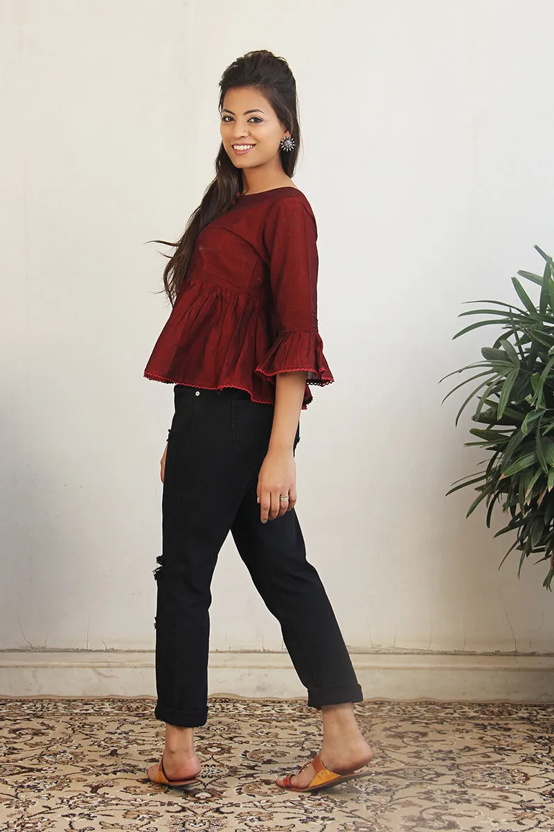 Pin-tuck bell sleeve top in Maroon