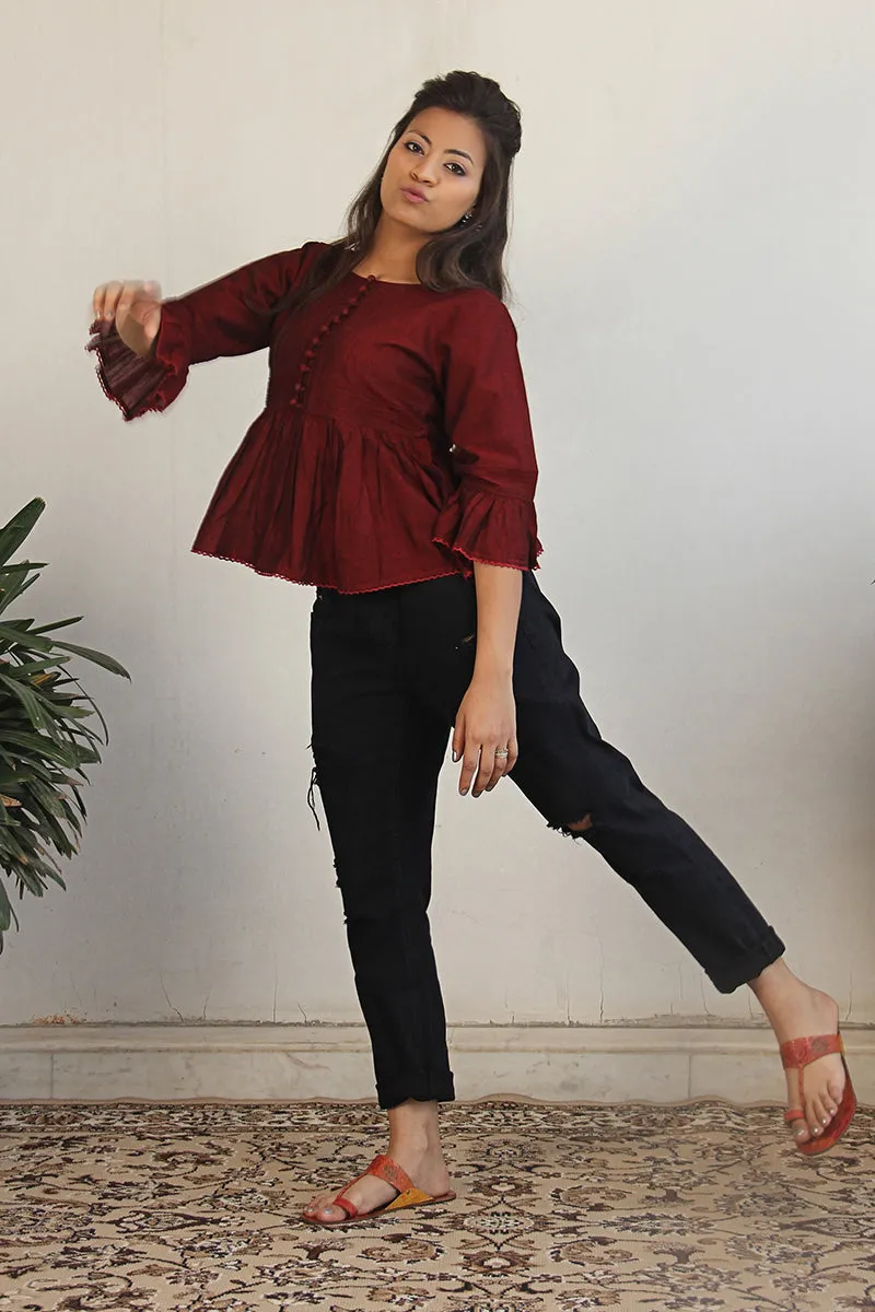 Pin-tuck bell sleeve top in Maroon