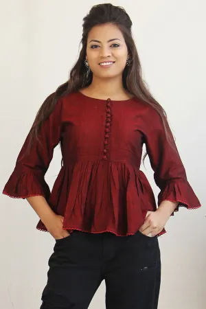 Pin-tuck bell sleeve top in Maroon