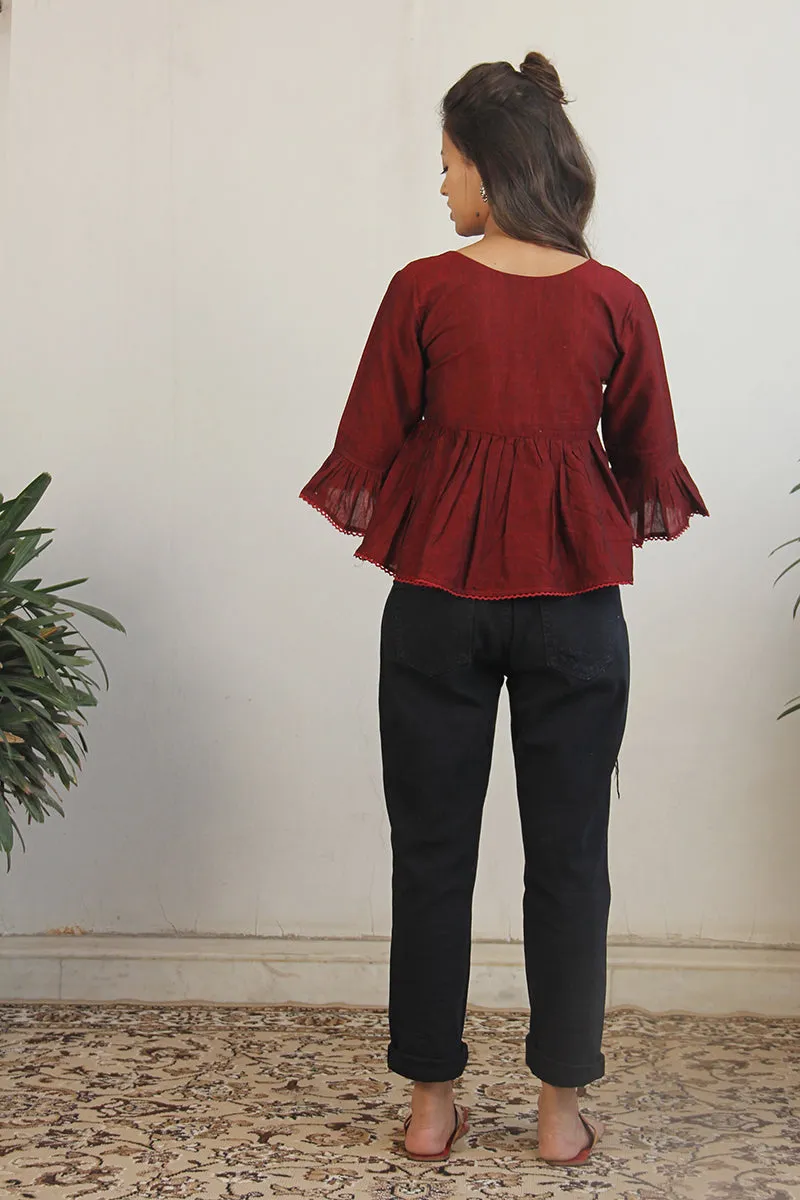 Pin-tuck bell sleeve top in Maroon