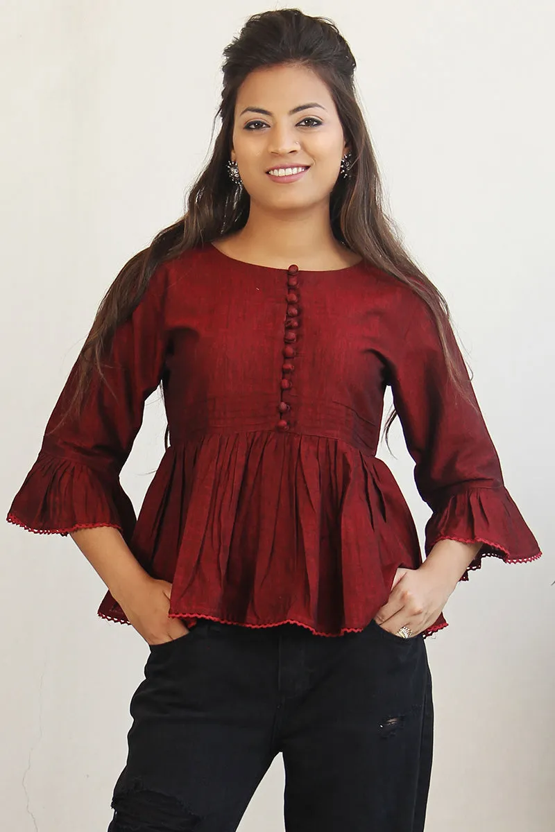 Pin-tuck bell sleeve top in Maroon