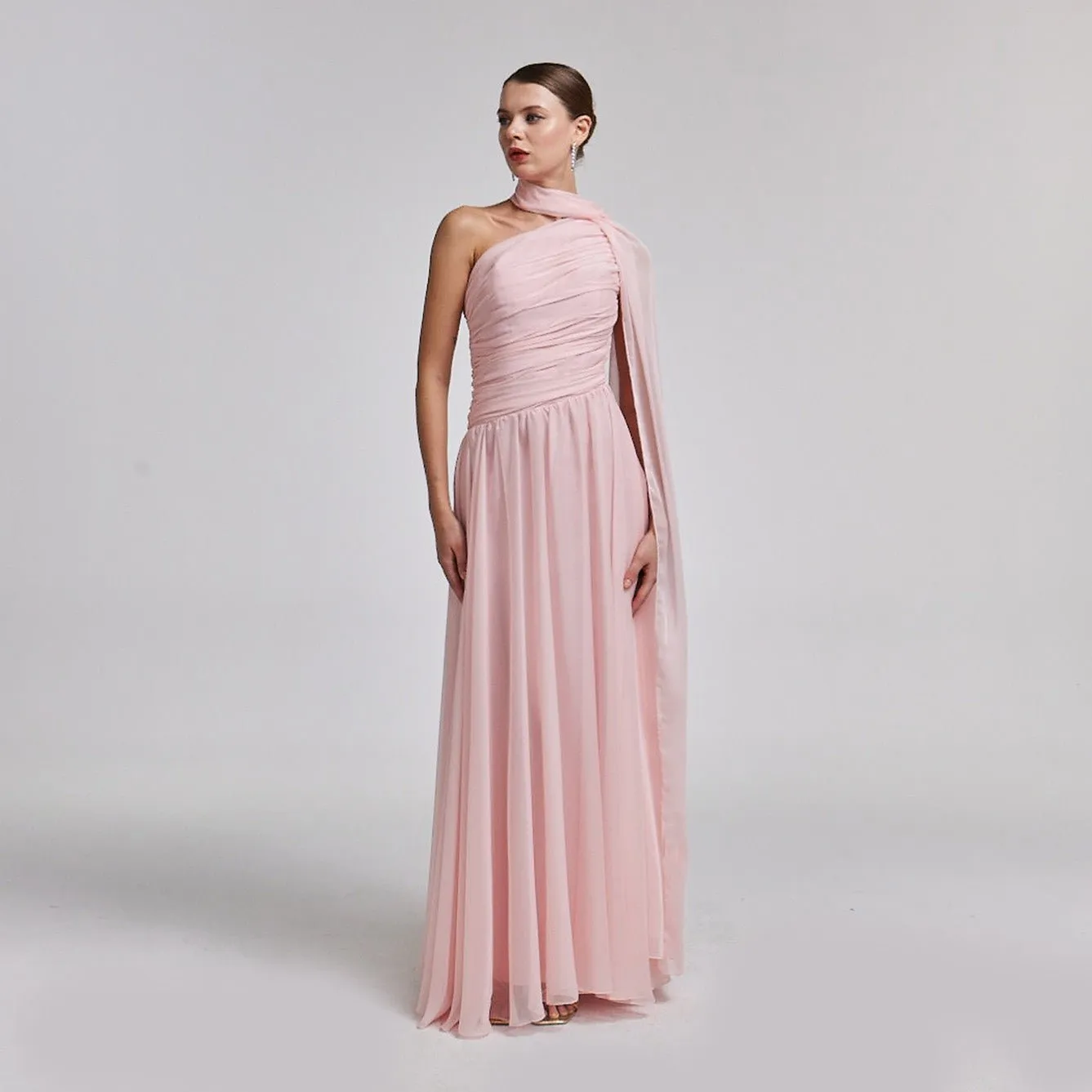 Pink Drapped Long One Shoulder Dress