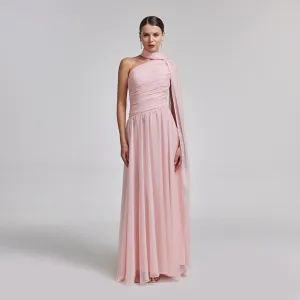 Pink Drapped Long One Shoulder Dress