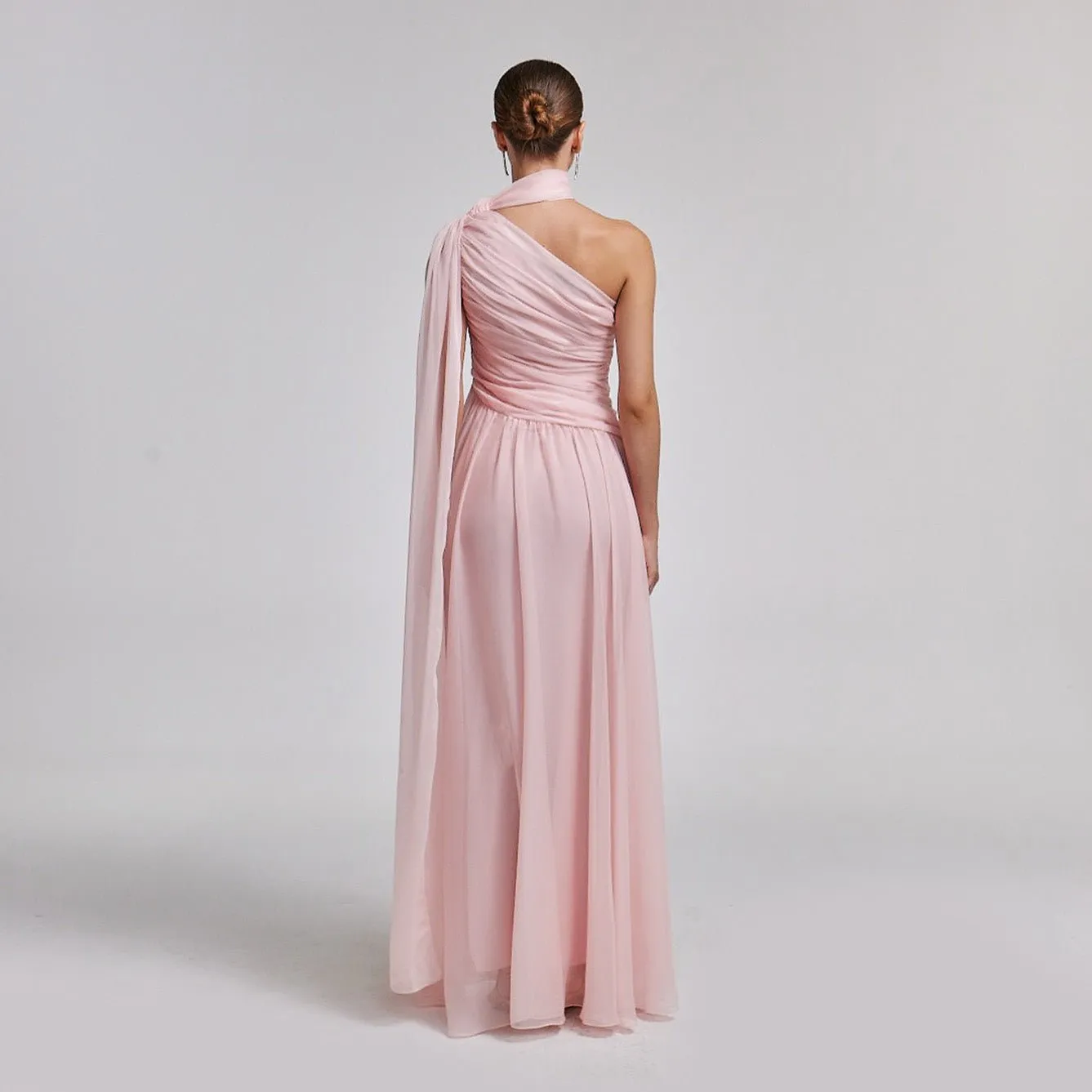 Pink Drapped Long One Shoulder Dress