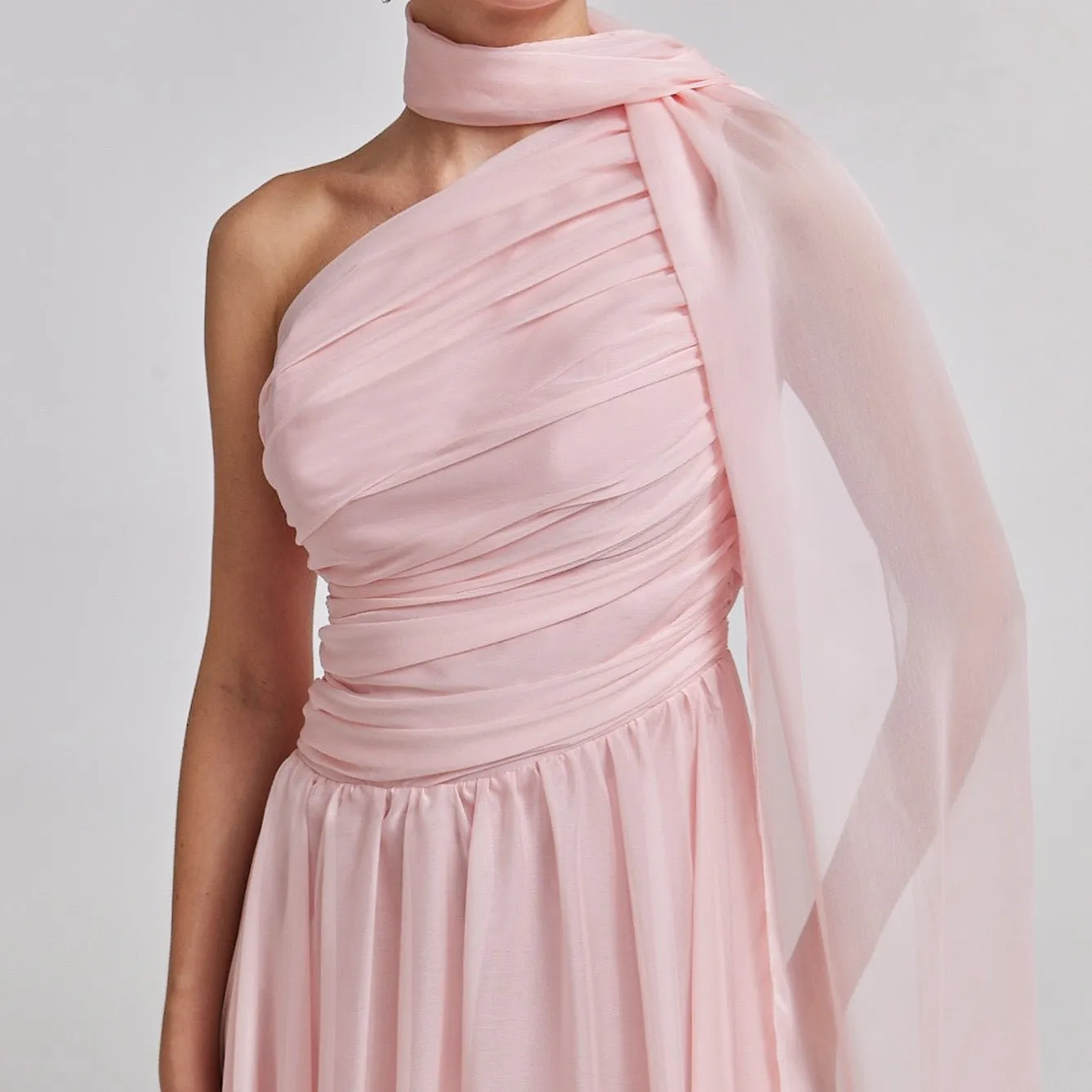 Pink Drapped Long One Shoulder Dress