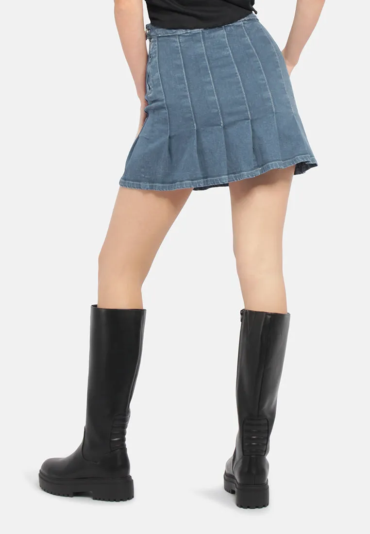 Pleated Denim Mini Skirt