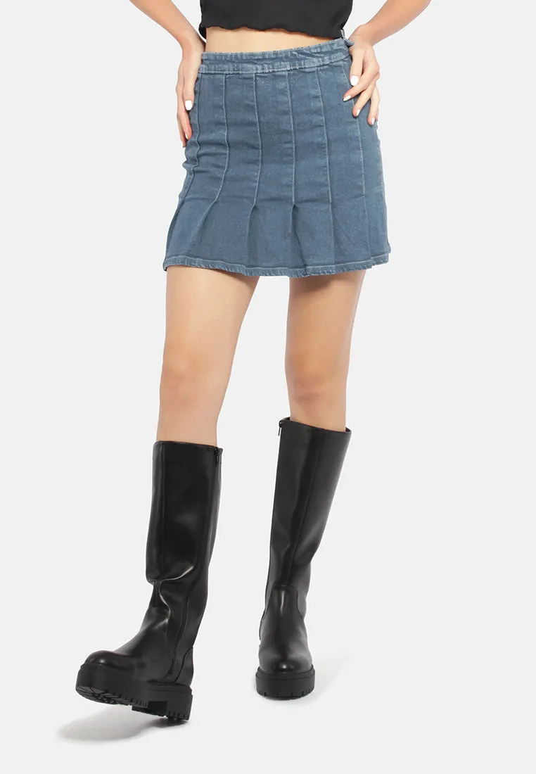 Pleated Denim Mini Skirt