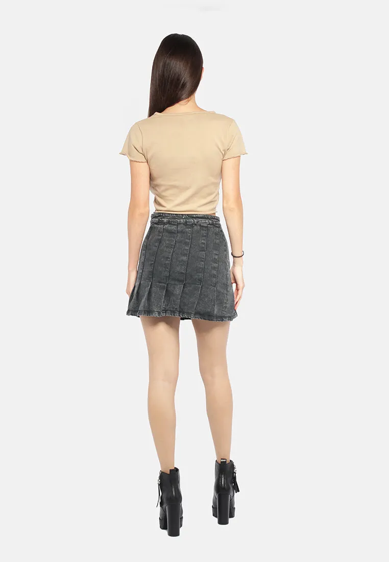 Pleated Denim Mini Skirt