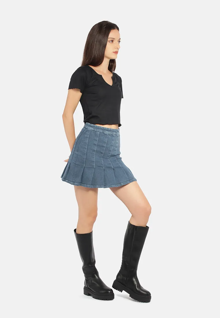 Pleated Denim Mini Skirt