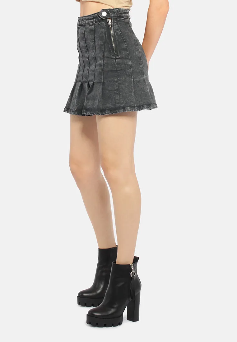 Pleated Denim Mini Skirt