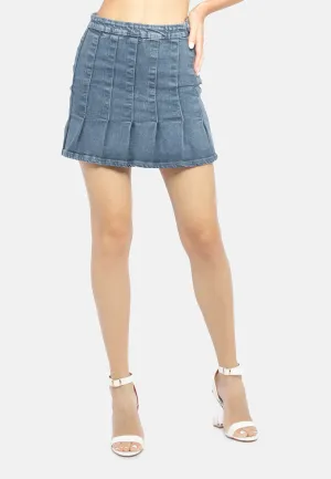 Pleated Denim Mini Skirt