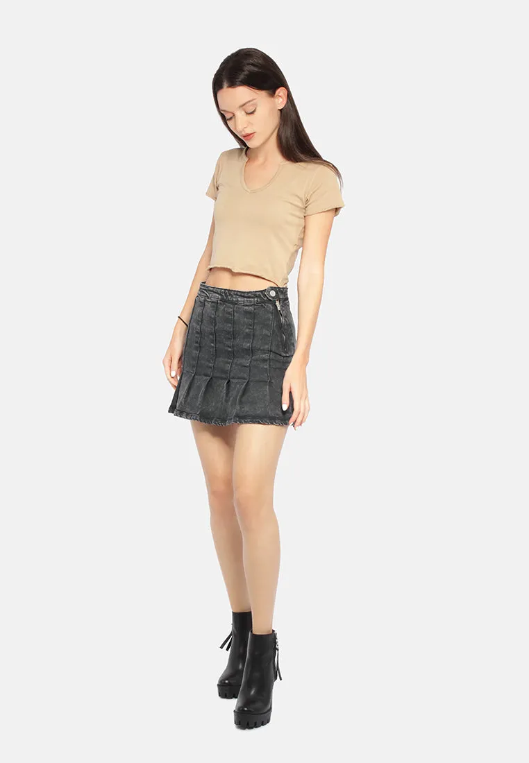 Pleated Denim Mini Skirt