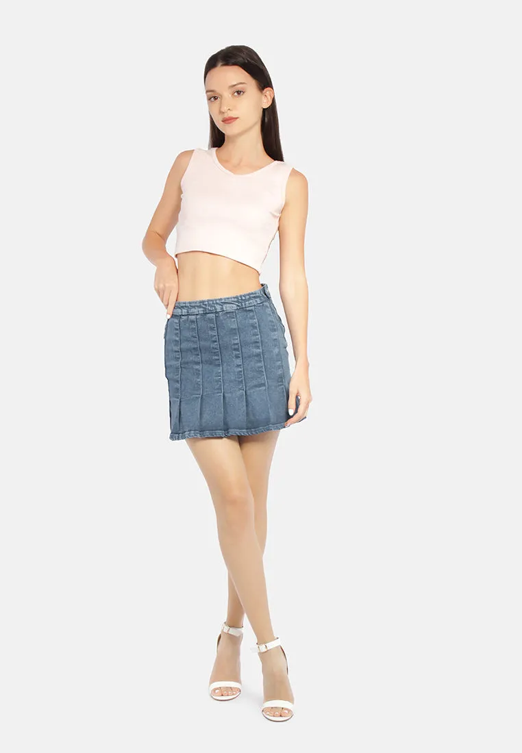 Pleated Denim Mini Skirt