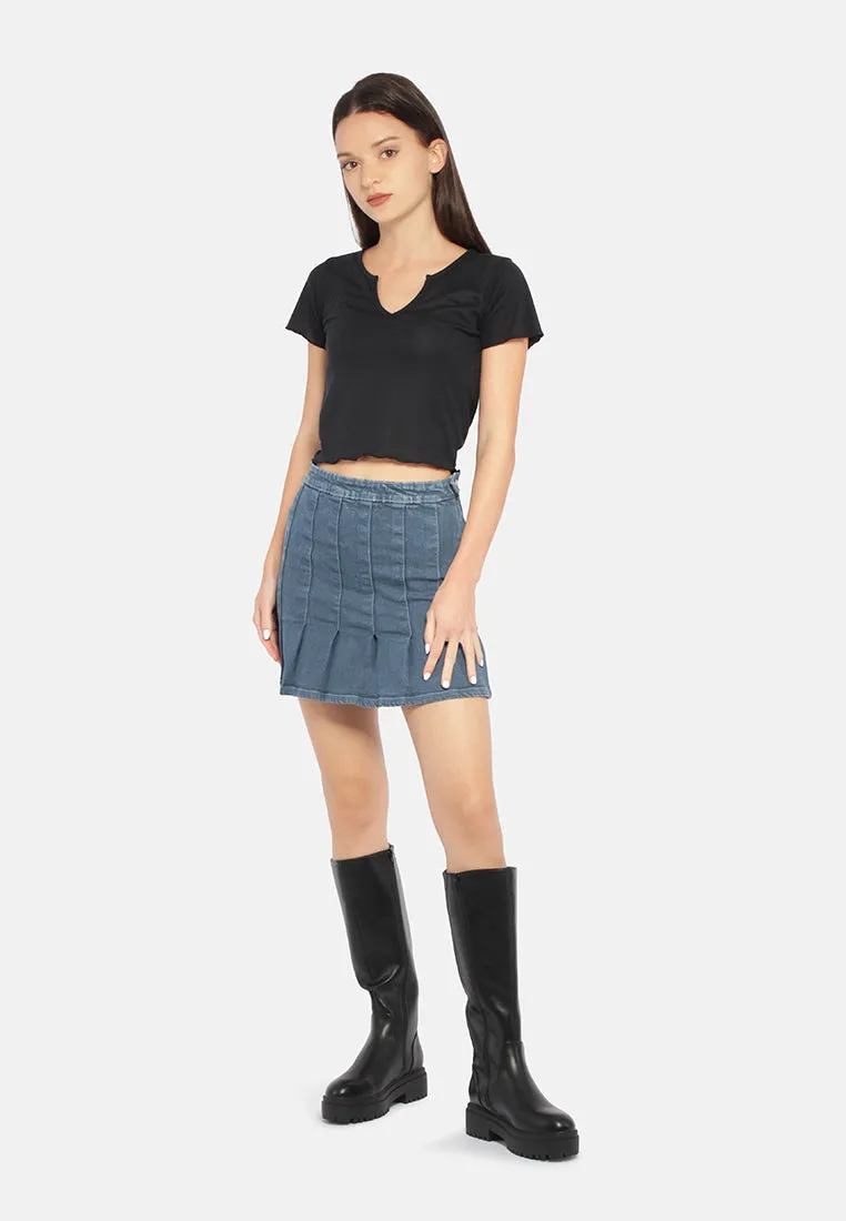Pleated Denim Mini Skirt