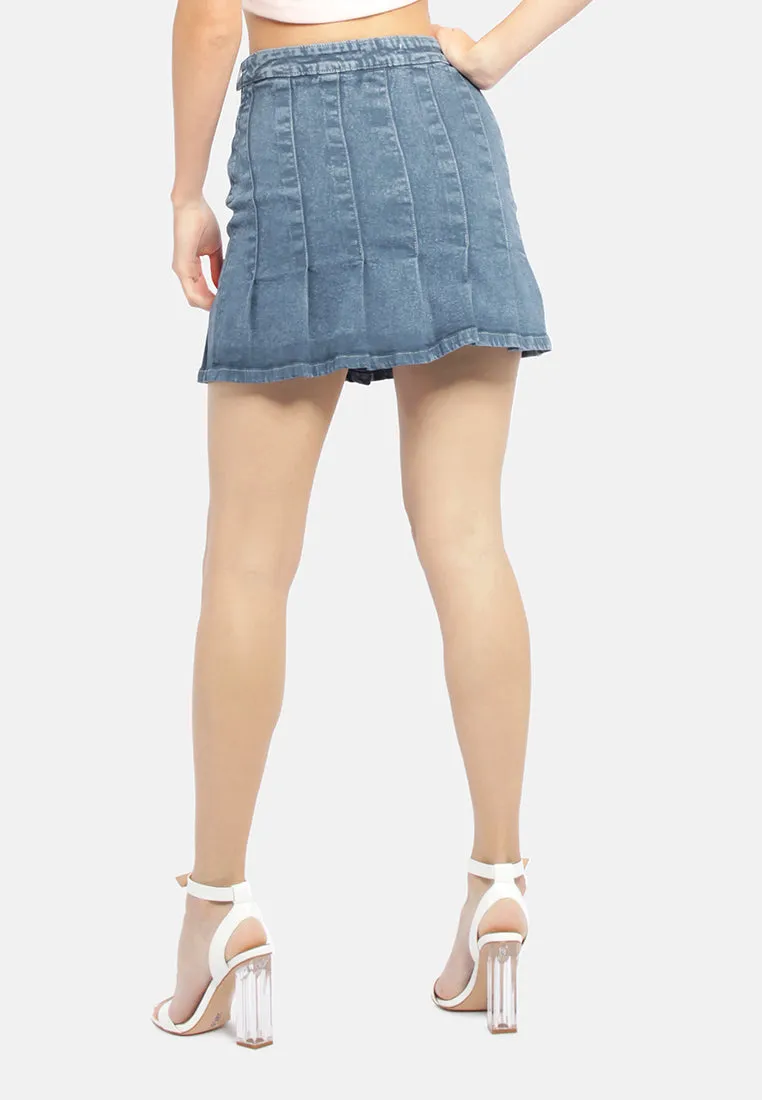Pleated Denim Mini Skirt