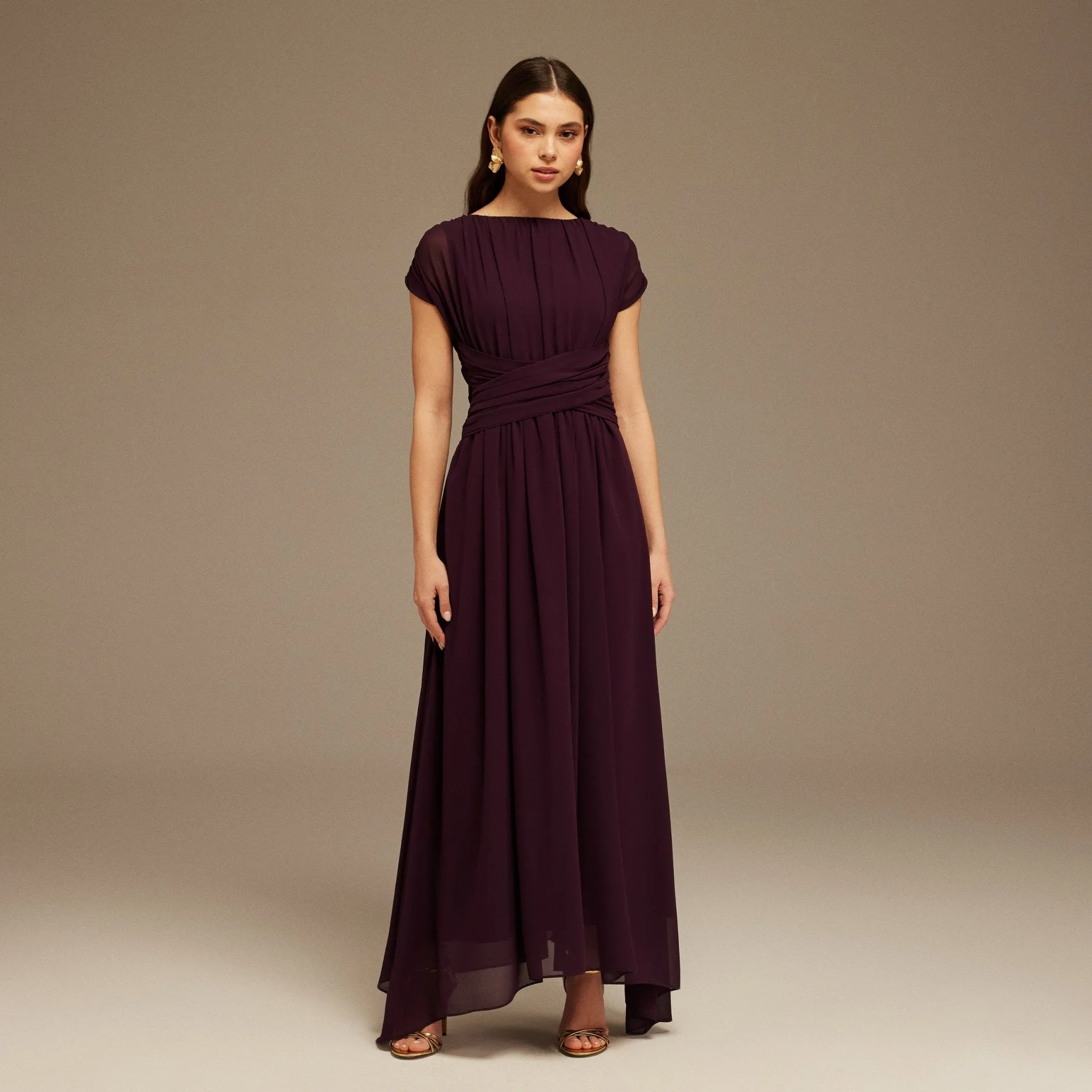 Pleated High-Low Dress with Draped Bodice