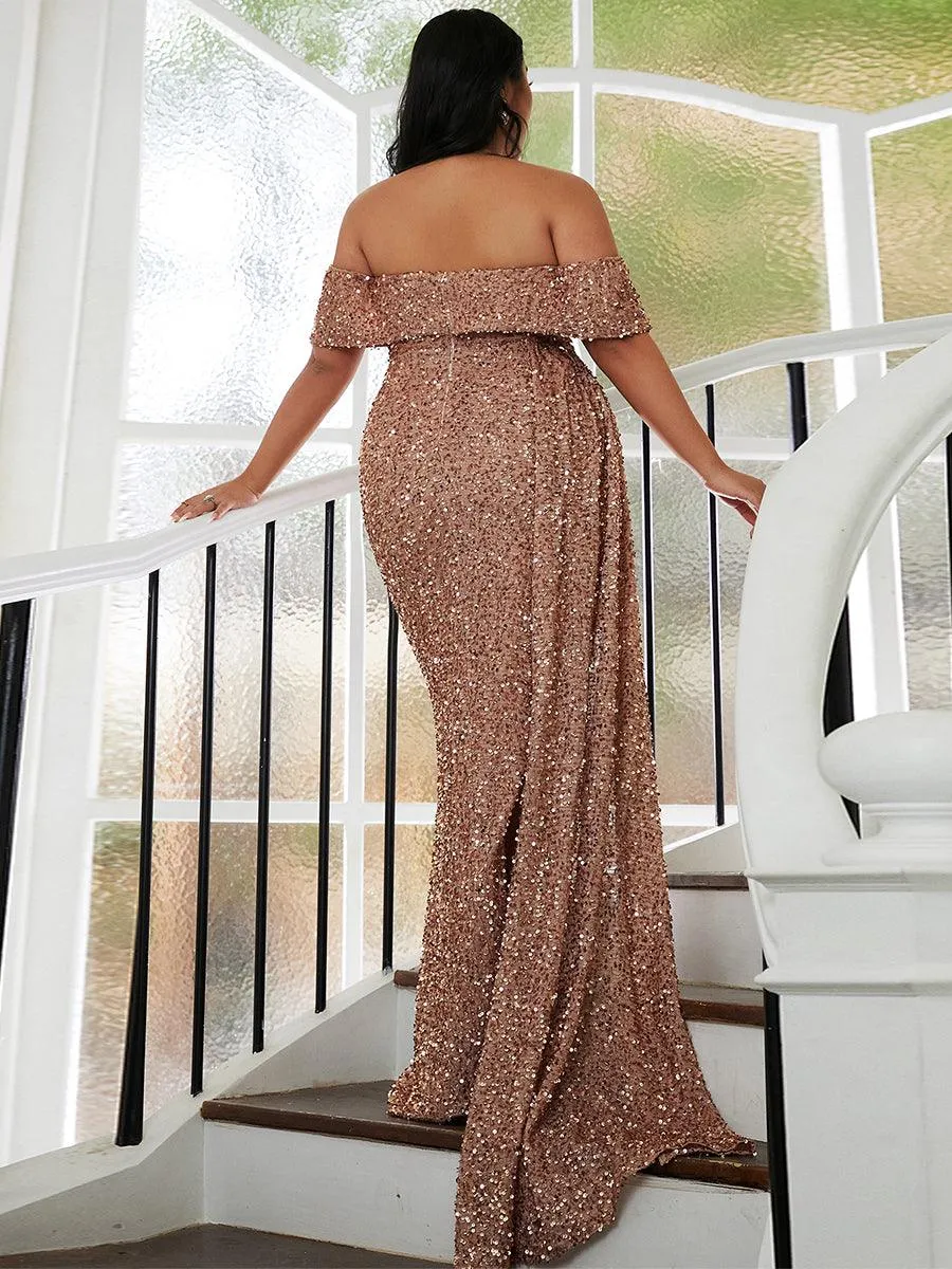 Plus Off Shoulder Draped Sequin Prom Dress PXH2132