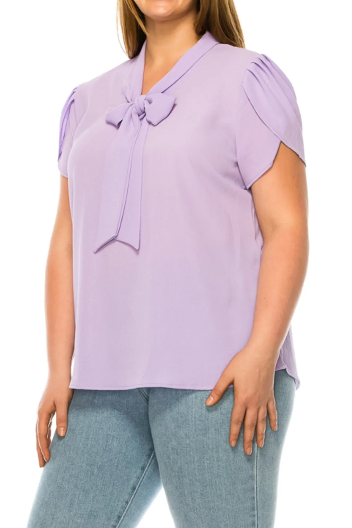 Plus Size Casual Solid Petal Sleeve Bow Tie Neck B2040 $11Each